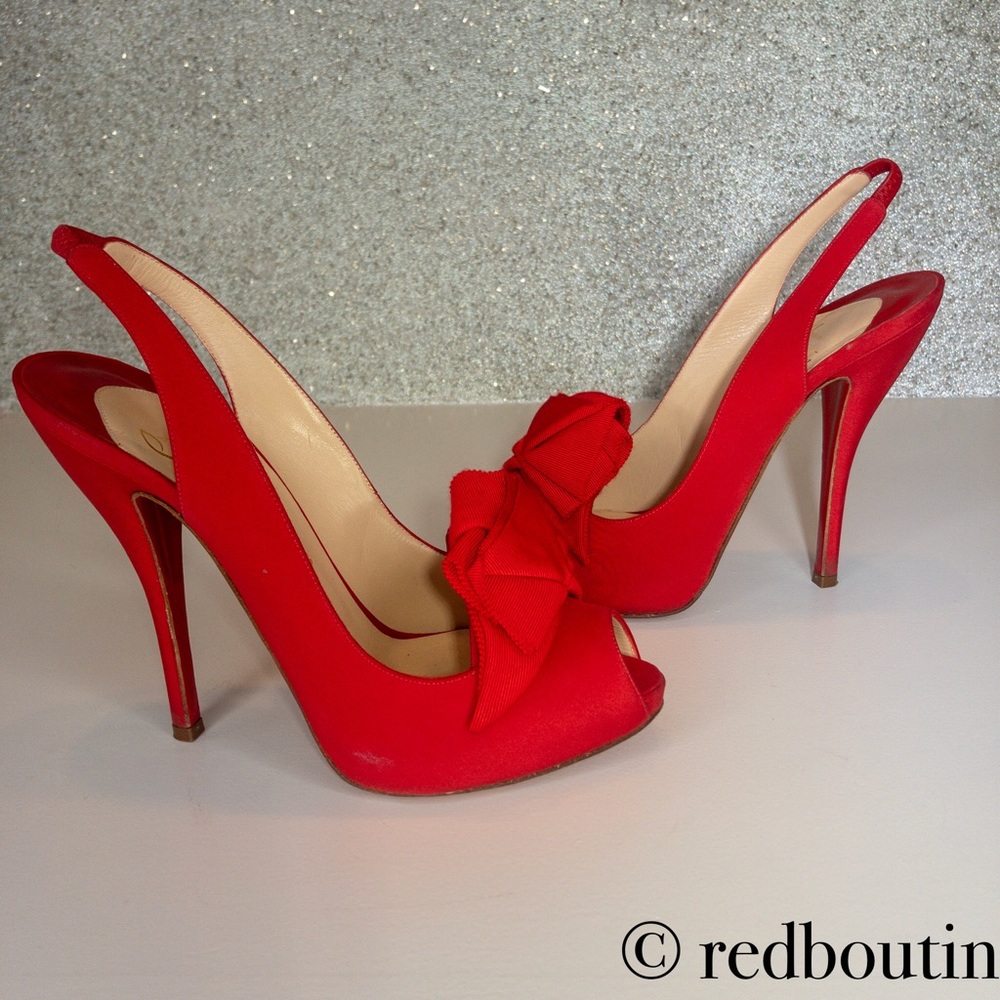👠SOLD👠 RED SATIN LADY BOW PEEPTOE SLINGBACK 120 - Picture 2 of 8